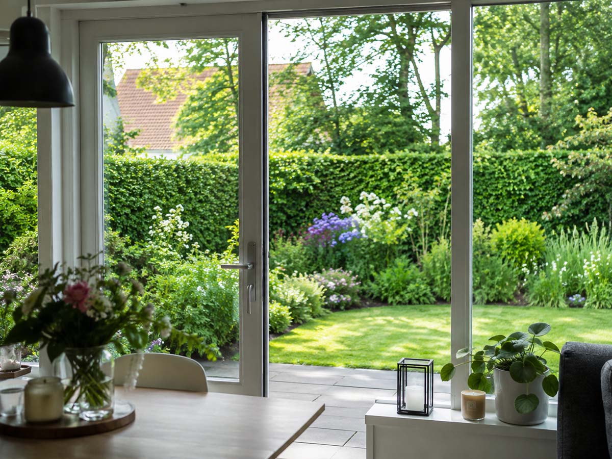 Blick vom Haus auf einen grünen Garten mit Hecke und Staudenbeet