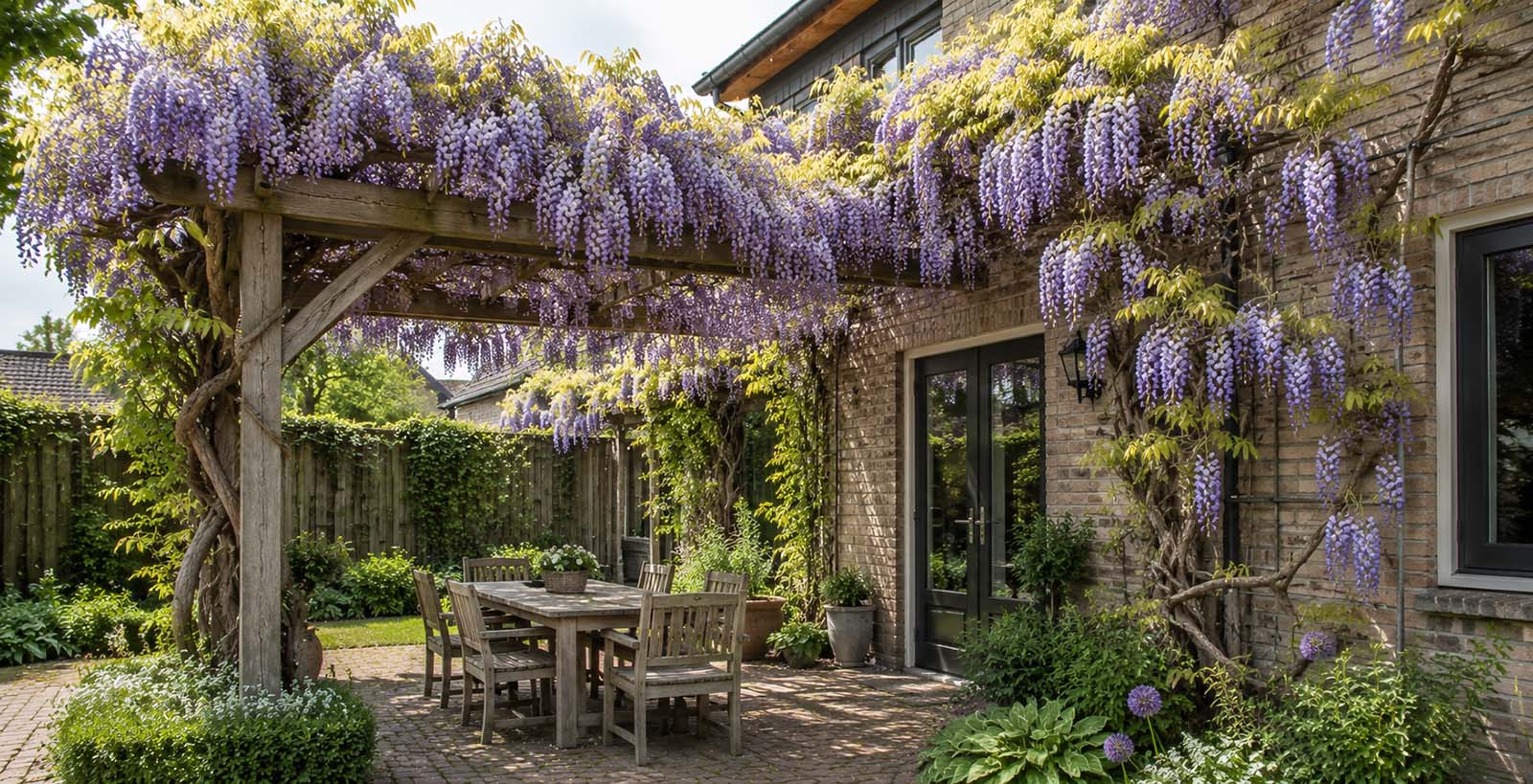 Terrasse mit wunderschön blühendem Blauregen