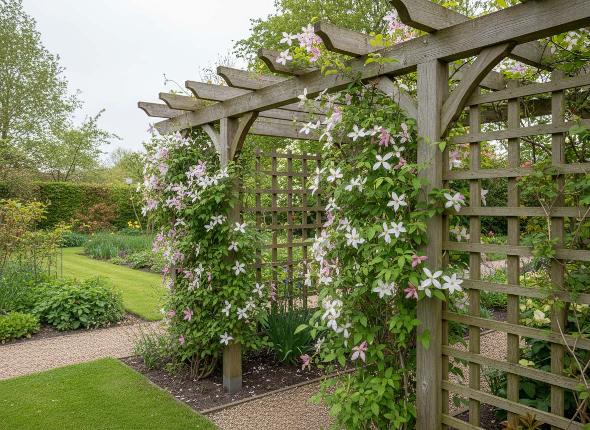 Clematis montana an einer Gartenbegrünung