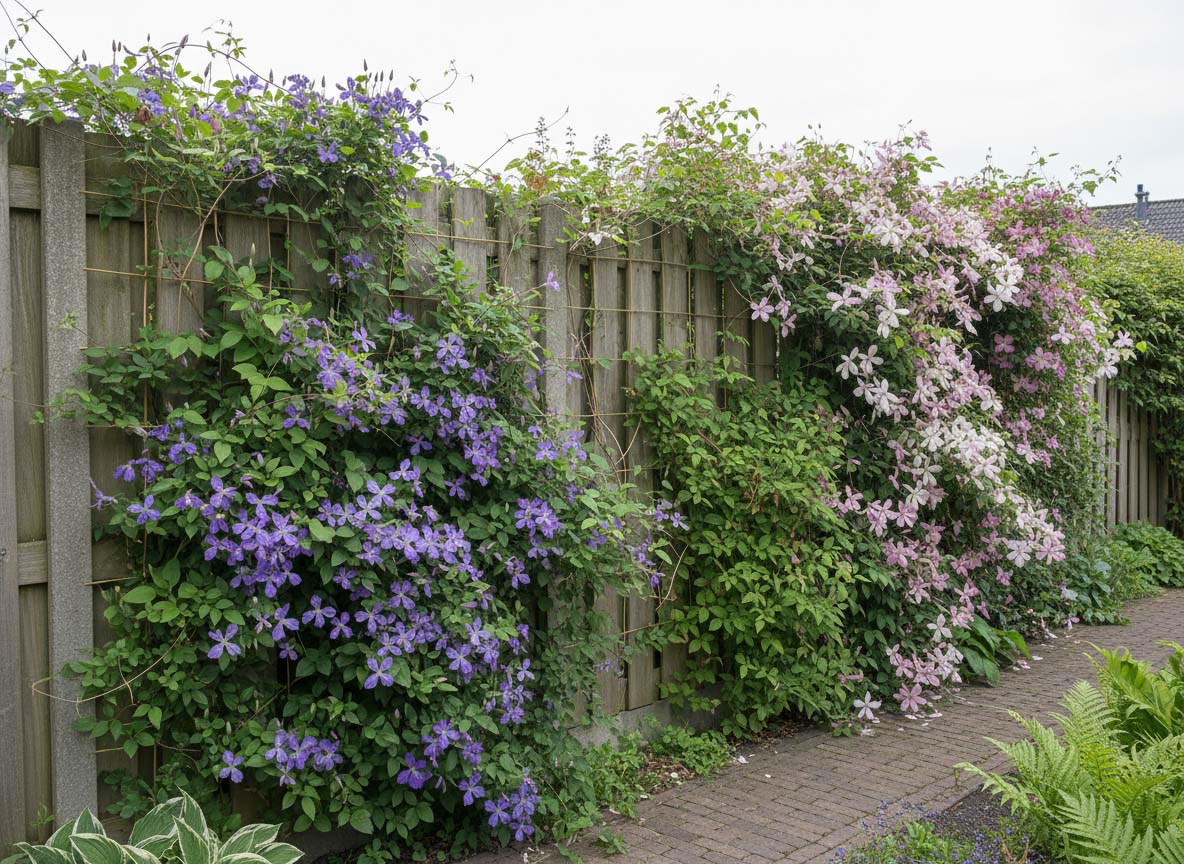 Zaun vollständig mit Clematis begrünt