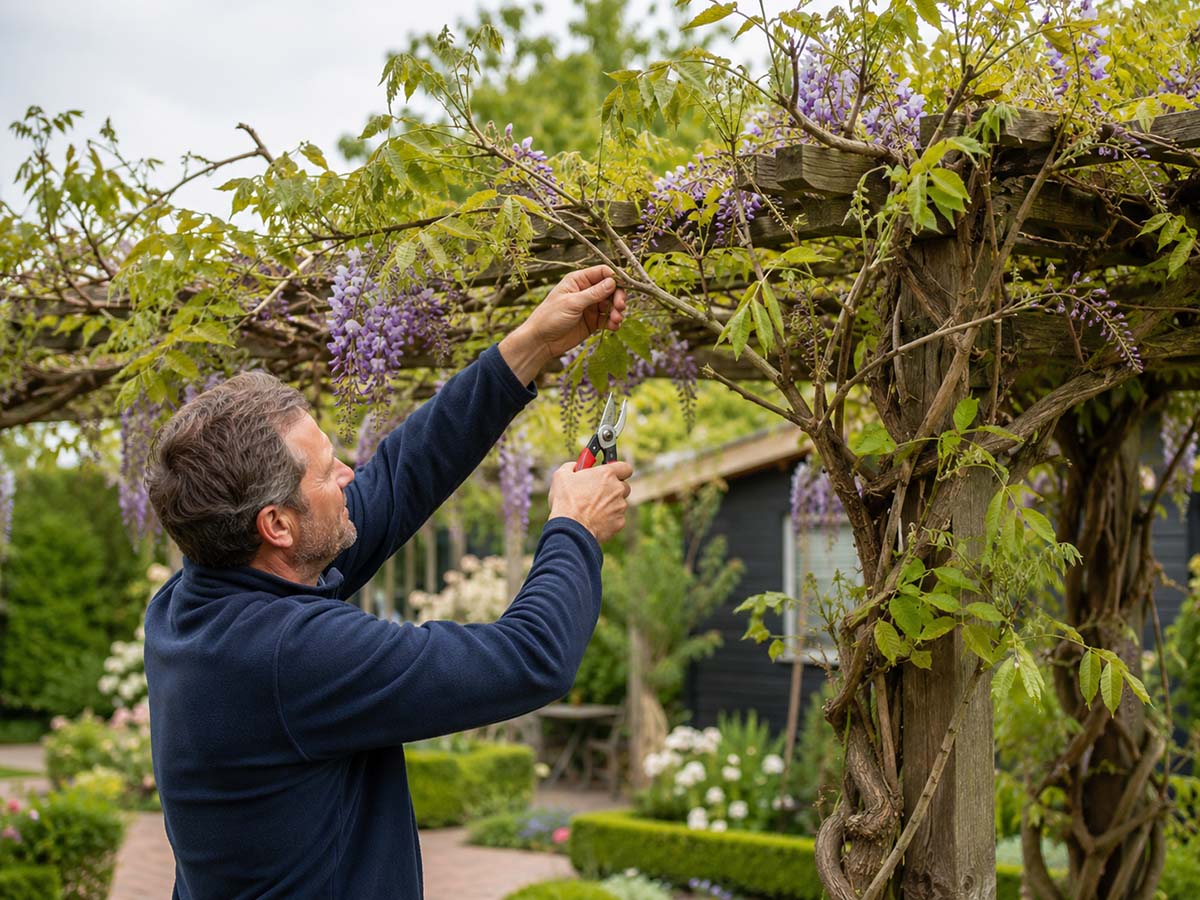 Blauregen unter einer Pergola schneiden
